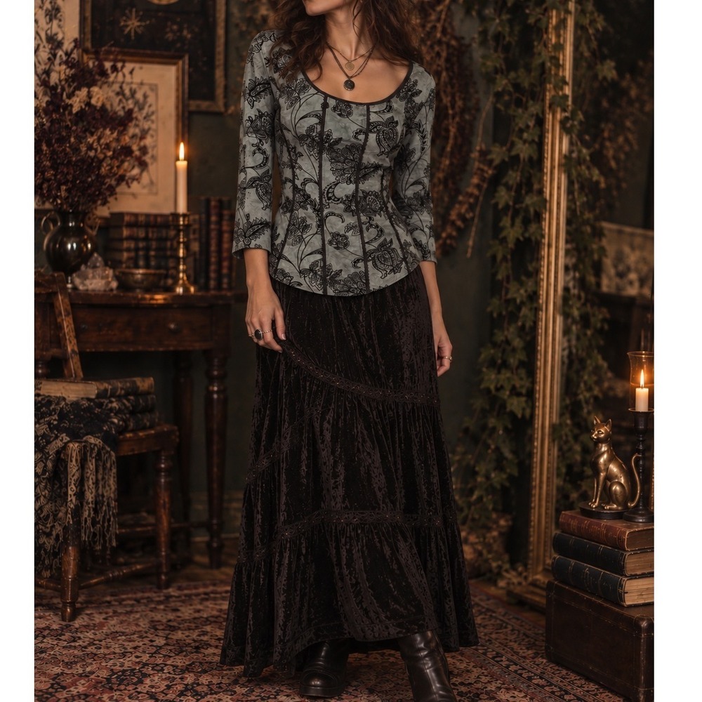 Whimsigoth Witchy Corset Style Top womens sz L Vamp velvet flocking
